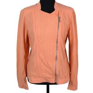 NWT Chicos 1 Orange Peach Jacket Moto Lightweight Perforated Knit Medium COTTON